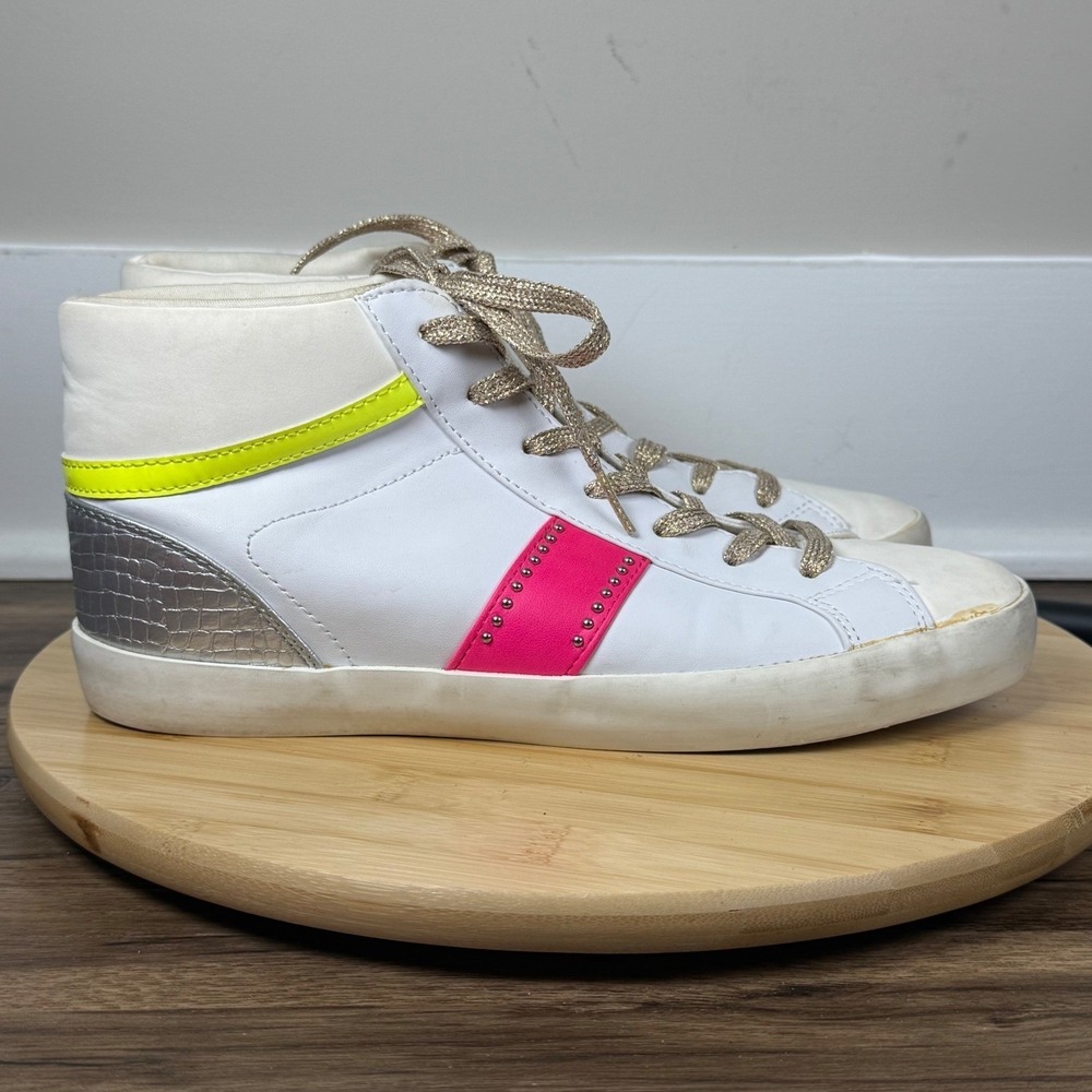Nine West High Top Sneakers Womens 9 White Neon Pink Yellow Silver Heel Retro 80